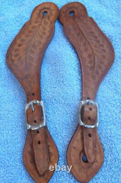 Vintage Iron Silver Inlay Blued Mexican Horse Spurs Leather Straps