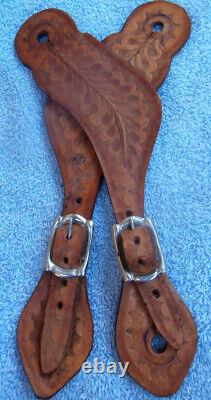 Vintage Iron Silver Inlay Blued Mexican Horse Spurs Leather Straps