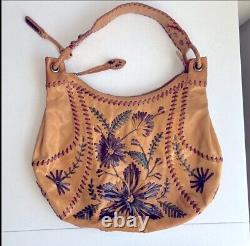 Vintage Isabella Fiore Leather Whipstitch Embroidered Large Hobo Bag Free Ship