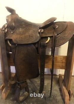 Vintage JR Rowell collectible saddle, fully tooled, 14 seat