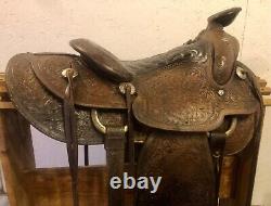 Vintage JR Rowell collectible saddle, fully tooled, 14 seat