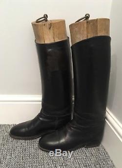 Vintage Ladies Black Leather Horse Riding Boots with Wooden Trees Stretchers