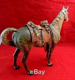 Vintage Large Cast Iron Horse with Hand Tooled Leather Saddle, Beautiful Detail