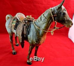 Vintage Large Cast Iron Horse with Hand Tooled Leather Saddle, Beautiful Detail