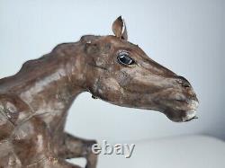 Vintage Large Wooden Horse Statue Hand Carved Leather Wrapped Figurine OBO