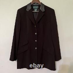 Vintage Lauren Ralph Lauren Womens Wool Blazer Size 14 Brown Leather Collar USA