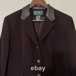 Vintage Lauren Ralph Lauren Womens Wool Blazer Size 14 Brown Leather Collar USA