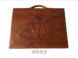 Vintage Leather Backgammon Set in Tooled Leather Horse Theme Case One of a Kind