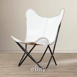 Vintage Leather Butterfly Chair White Relax leather Handmade Cover & frame
