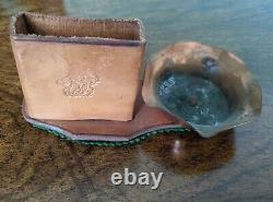 Vintage Leather & Copper Cigarette Box Holder & Ashtray with Cowboy Riding a Horse