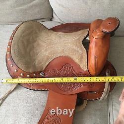 Vintage Leather/Craved Horse Saddle/Wooden Studded Stand/kid Spurs