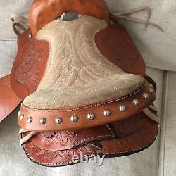 Vintage Leather/Craved Horse Saddle/Wooden Studded Stand/kid Spurs