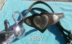 Vintage Leather Headstall Silver Hearts with Vintage Plated Horse Bit