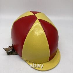 Vintage Leather Helmet Jockey Racing Red Yellow Straps Horse Equestrian Derby