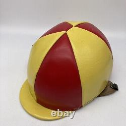 Vintage Leather Helmet Jockey Racing Red Yellow Straps Horse Equestrian Derby