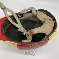 Vintage Leather Helmet Jockey Racing Red Yellow Straps Horse Equestrian Derby