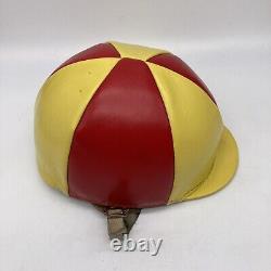 Vintage Leather Helmet Jockey Racing Red Yellow Straps Horse Equestrian Derby