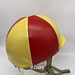 Vintage Leather Helmet Jockey Racing Red Yellow Straps Horse Equestrian Derby