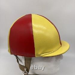 Vintage Leather Helmet Jockey Racing Red Yellow Straps Horse Equestrian Derby