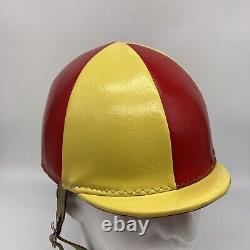 Vintage Leather Helmet Jockey Racing Red Yellow Straps Horse Equestrian Derby