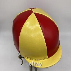 Vintage Leather Helmet Jockey Racing Red Yellow Straps Horse Equestrian Derby