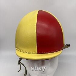 Vintage Leather Helmet Jockey Racing Red Yellow Straps Horse Equestrian Derby