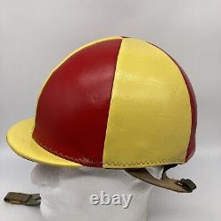 Vintage Leather Helmet Jockey Racing Red Yellow Straps Horse Equestrian Derby