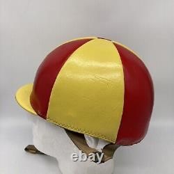 Vintage Leather Helmet Jockey Racing Red Yellow Straps Horse Equestrian Derby