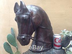 Vintage Leather Horse Head Sculpture LARGE Figural Emerald Green Glass Eyes