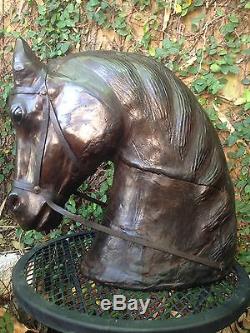 Vintage Leather Horse Head Sculpture LARGE Figural Emerald Green Glass Eyes
