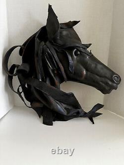 Vintage Leather Horse Head Wild Mustang Sculpture 20 Black