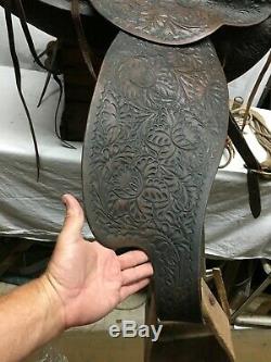 Vintage Leather Horse Saddle Tooling Work Ornate Wood Stirrups