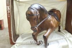 Vintage Leather Horse Statue Brown Large Horse With Glass Eyes Egyptian Handmade