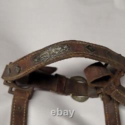 Vintage Leather Horse Tack Bridle Silver Accent Tag Aledo Bar Queen Western