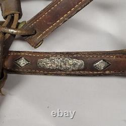 Vintage Leather Horse Tack Bridle Silver Accent Tag Aledo Bar Queen Western