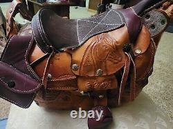 Vintage Leather Large Saddle Purse Hand Tooled Bag Equestrian! Horses And Rose