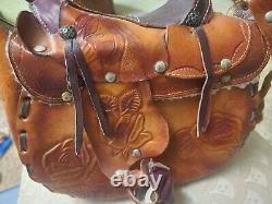 Vintage Leather Large Saddle Purse Hand Tooled Bag Equestrian! Horses And Rose