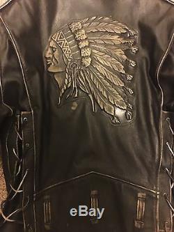 Vintage Leather Motorcycle Jacket IRON HORSE Native American Indian Design