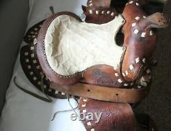 Vintage Leather Tooled Buck Stitched Children's Western Big Horn Horse Saddle