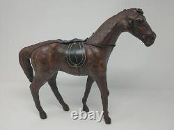 Vintage Leather Wrapped Horse Statue 12 Hand Carved Wood Figure with Glass Eyes