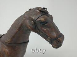 Vintage Leather Wrapped Horse Statue 12 Hand Carved Wood Figure with Glass Eyes