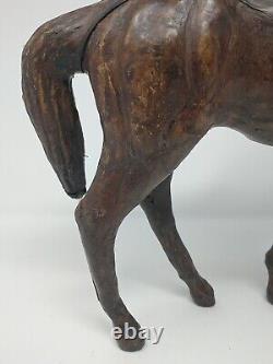 Vintage Leather Wrapped Horse Statue 12 Hand Carved Wood Figure with Glass Eyes