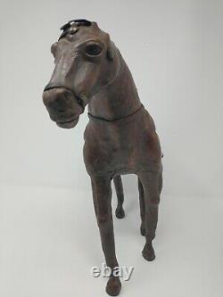 Vintage Leather Wrapped Horse Statue 12 Hand Carved Wood Figure with Glass Eyes