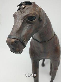 Vintage Leather Wrapped Horse Statue 12 Hand Carved Wood Figure with Glass Eyes