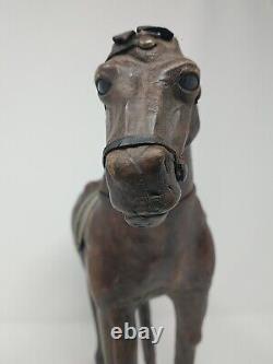 Vintage Leather Wrapped Horse Statue 12 Hand Carved Wood Figure with Glass Eyes