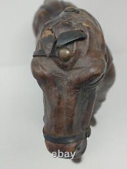 Vintage Leather Wrapped Horse Statue 12 Hand Carved Wood Figure with Glass Eyes