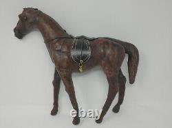 Vintage Leather Wrapped Horse Statue 12 Hand Carved Wood Figure with Glass Eyes