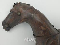 Vintage Leather Wrapped Horse Statue 12 Hand Carved Wood Figure with Glass Eyes