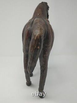 Vintage Leather Wrapped Horse Statue 12 Hand Carved Wood Figure with Glass Eyes