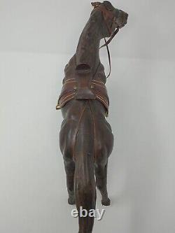 Vintage Leather Wrapped Horse Statue 16 Hand Carved Wood Figure with Glass Eyes